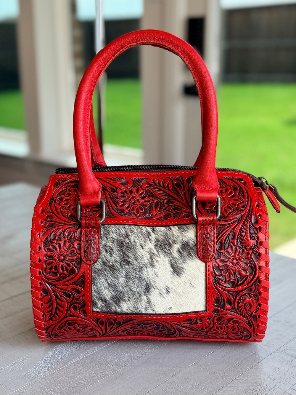 Genuine Leather Cowhide Western Speedy Purse Tooled Floral Red Satchel Bag Small